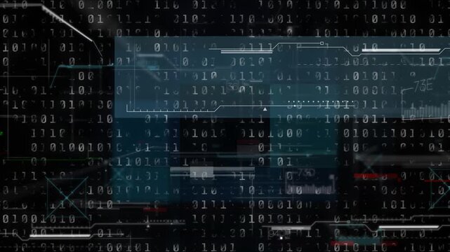 Binary matrix scrolling initiating blue panel sliding, HUD modules pulsing, showing system status