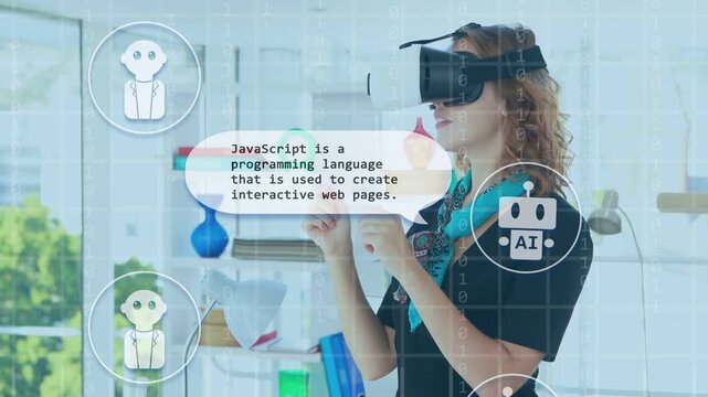 Woman using VR headset selecting avatar, requesting JavaScript explanation, acknowledging AI reply
