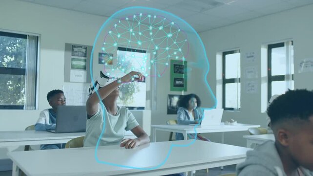 Student wearing AR headset using hand gestures in school, probing hologram brain nodes for learning