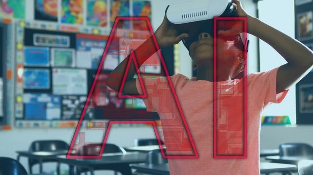 Boy holding VR headset, raising, adjusting, exploring class learning with red AI overlay fixed