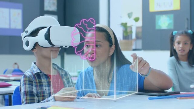 Teacher leaning in and pointing, initiating 3D cube and brain forming between child in VR teaching