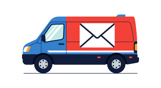 Red and Blue Delivery Van with Mail Envelope Icon Shipping and Logistics Concept