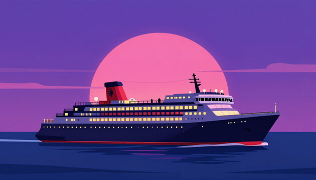 Modernes Kreuzfahrtschiff vor rosa Riesensonne Illustration