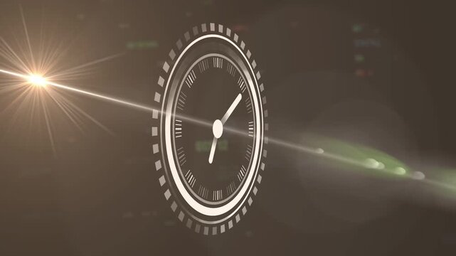Lens flare sweeping sparks ring collapse, dial flipping, hands rotating, revealing green readouts