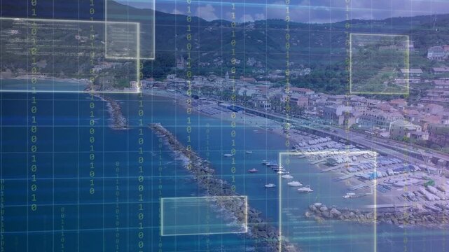 Bluish grid initiating scan, highlight boxes sliding over marina and breakwater, mapping shore
