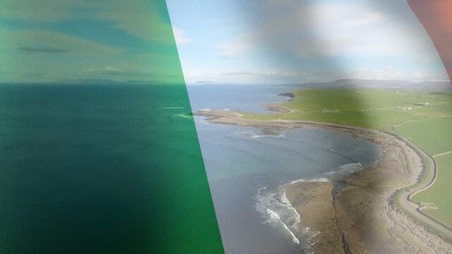Tricolor overlay sweeping right, rippling and revealing curved rocky coast and surf for mapping