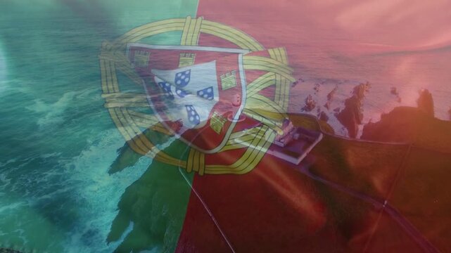 Portuguese flag emblem appearing over sea, rippling, revealing headland and crowd, showcasing coast