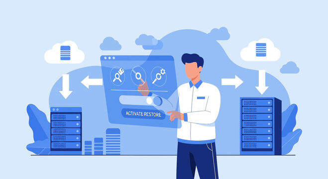 Tech Professional Interacting with Cloud Data Servers and Analytics Interface