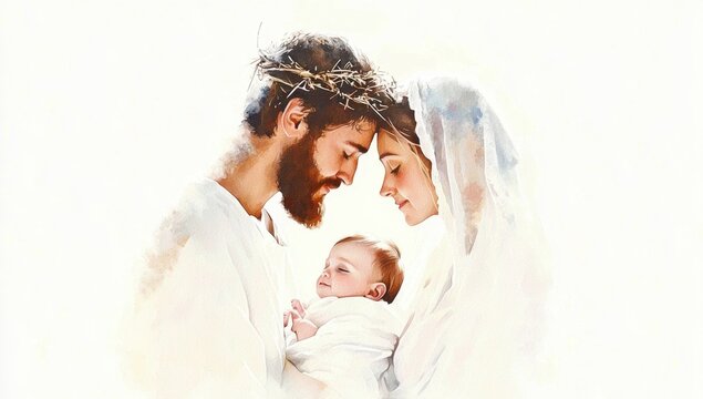 Vibrant watercolor art showcasing the Nativity scene with Baby Jesus and his family.