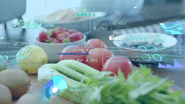 Camera starting forward, HUD shifting, focus tightening on produce, visualizing nutrition overlays