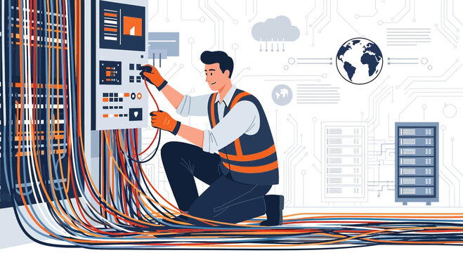 Technician working with network cables in server room, data center, IT infrastructure.