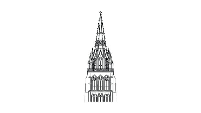 Black and white line art illustration of a gothic cathedral church spire.