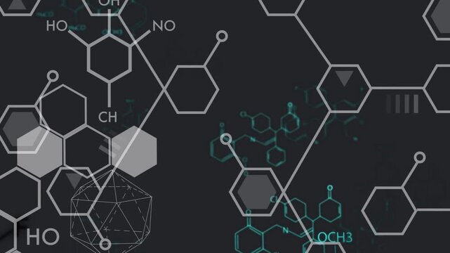 Molecular schematic animating on dark, dense hex causing shifts, teal labels sliding showing data
