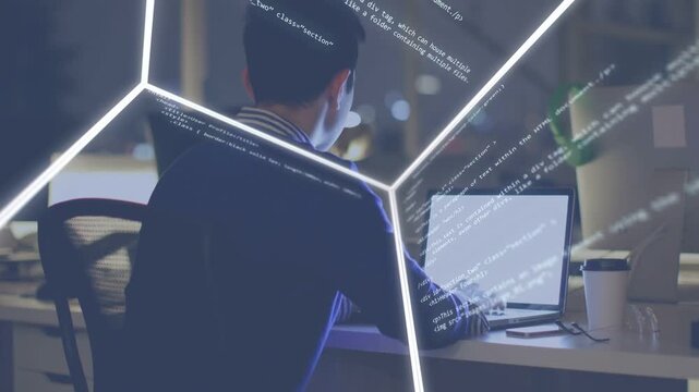 Developer typing code on laptop as pentagon overlay and streaming code sweeping desk grabbing phone