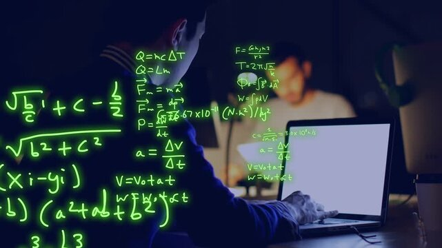 Man using trackpad, typing on laptop, spawning neon formulas multiplying across screen for research