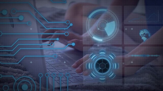 Woman's hands pressing keys and activating semi-transparent HUD with graphs for remote tech work