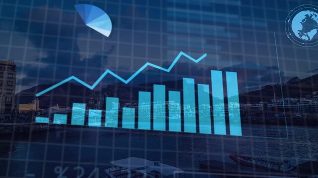 Percent numerals sweeping in, data overlay animating charts and boxes to visualize analytics trends