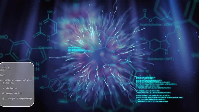 Glowing core emerging from light column, sending tendrils and forming UI panels mapping molecules