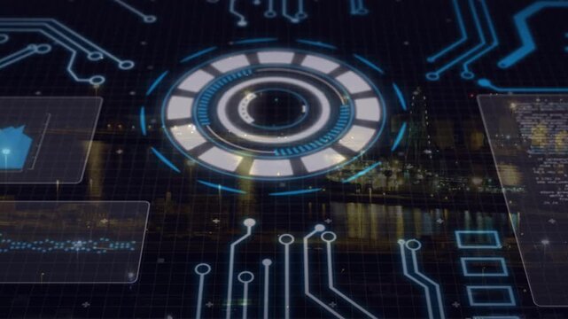 Input ping starting HUD ring, pulsing rotating, casting beams on water, panels updating city data