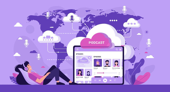 Woman Listening to Podcast Online with Clouds and World Map Background