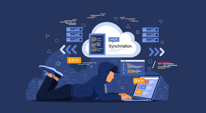 Teenager coding on laptop with cloud synchronization and data servers