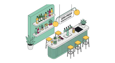Fototapeta premium Modern zero-proof bar interior with shelves of bottles, counter, and stools, isometric illustration