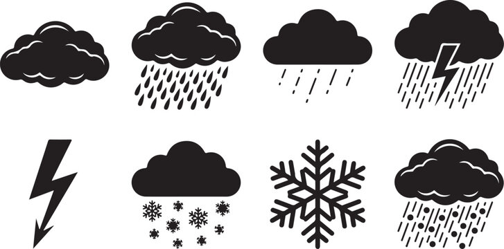 Weather icons set, black cloud rain snow storm symbols, vector graphics