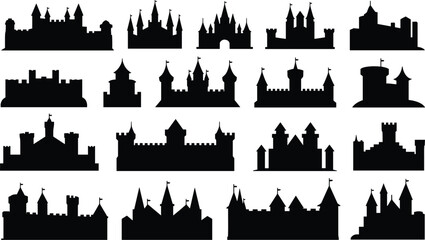 Collection of black silhouette castle and fortress with towers and flags on white background medieval © Bappy