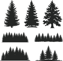 Fototapeta premium Collection of black pine tree silhouettes, including individual trees and forest borders fir tree conifer