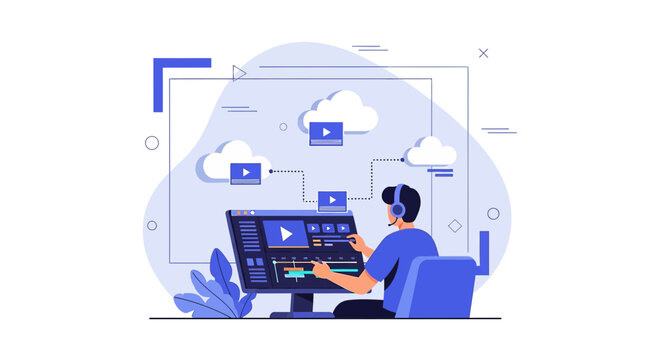 Video Editor Working on Computer, Cloud Storage Concept