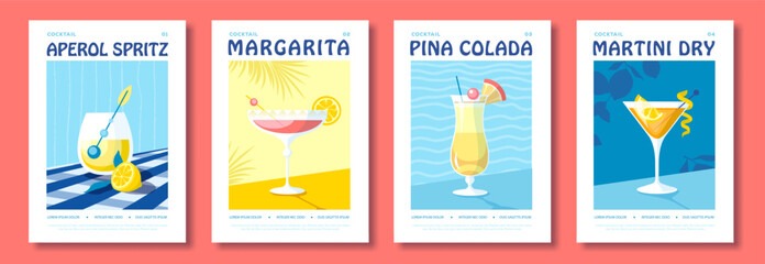 Obraz premium Set of summer Italian flat posters or covers with cocktails. Menu design. Vector illustration