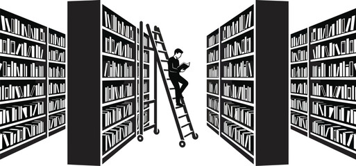 Man reading a book while climbing a ladder between tall bookshelves in a library symbolizing knowledge learning and research with a focus on intellectual pursuit and exploration © CREATIVE SITE