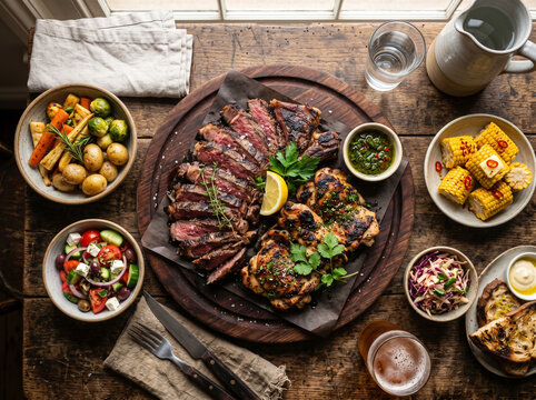 T&aacute;bua de carnes grelhadas com legumes e acompanhamentos r&uacute;sticos