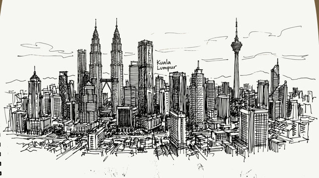 A detailed ink sketch captures the sprawling Kuala Lumpur skyline, showcasing iconic skyscrapers and urban density.