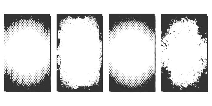 Black and white distressed grunge border frames with halftone dots and rough edge textures vector illustration.