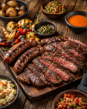 T&aacute;bua de carnes grelhadas com legumes e acompanhamentos r&uacute;sticos