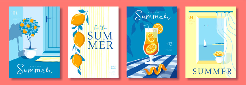 Set of summer Italian posters or covers with tequila sunrise cocktail, courtyard,  lemonade, lemons and seascape in the window. Vector illustration
