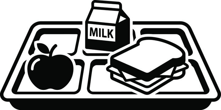 School cafeteria lunch tray with apple sandwich and milk carton representing childhood nutrition mealtime and education concepts in a simple clean graphic style
