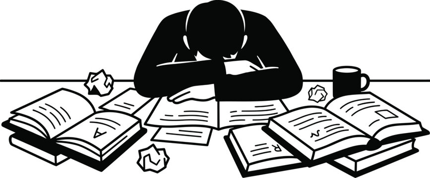 Overwhelmed student sleeps on books at desk exhausted from studying surrounded by crumpled paper and coffee mug symbolizing academic burnout and stress during late night study sessions