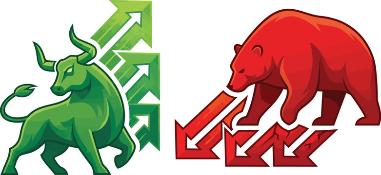 Green bull charging upwards with rising arrows symbolizing market growth and financial success contrasted with a red bear descending with falling arrows representing economic downturn