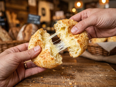 P&atilde;o de queijo recheado com queijo derretido em padaria artesanal