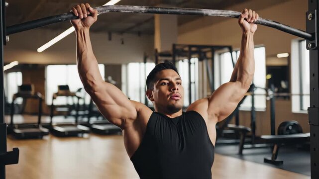 Muscular man performing pull-ups at the gym. Strong athlete doing a strength training workout for back and biceps. Bodybuilding and fitness motivation