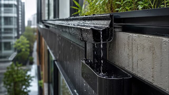 Urban climate adaptation rooftop gutter channeling rainwater from planter to concrete drain with wet metal downspout for sustainable urban resilience