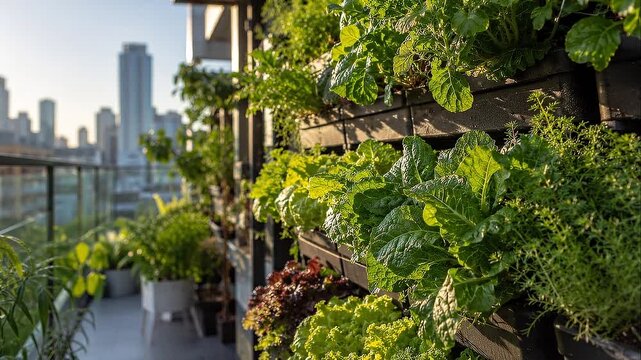 Urban balcony and rooftop garden vertical planter with lush greens herbs promoting climate adaptation resilient home food production and sustainable