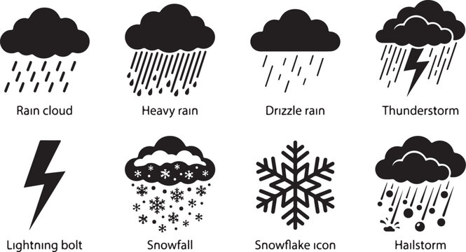 Weather icons set, rain cloud, snowfall, lightning bolt, thunderstorm symbols
