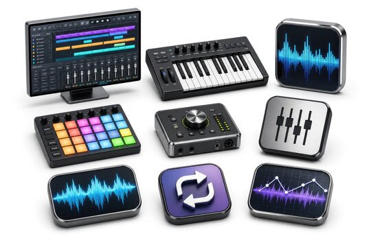 Modern professional music production studio setup with digital audio workstation, MIDI keyboard, audio interface, and software effects displayed on high-resolution monitors