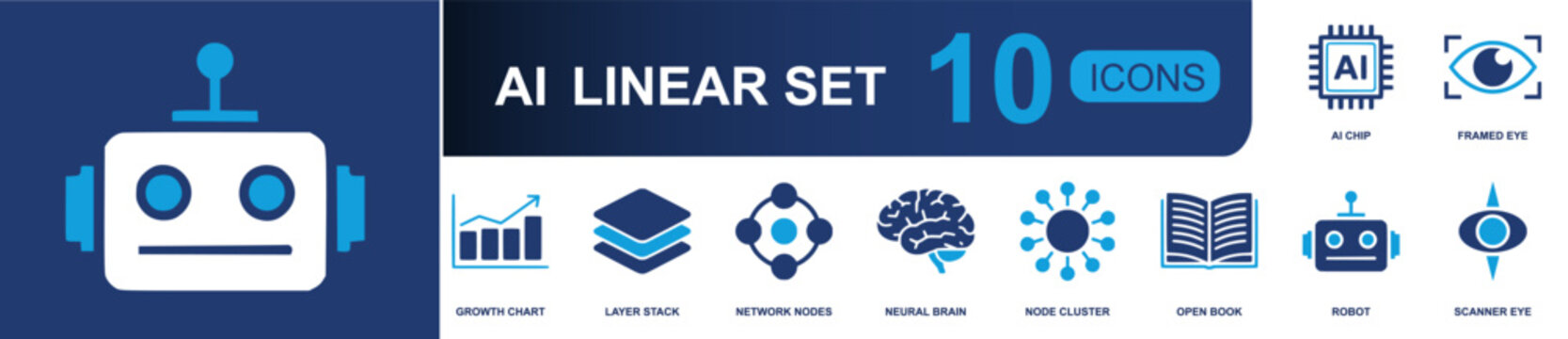 AI technology icon set. Containing AI chip, framed eye, growth chart, layer stack, network nodes, neural brain, node cluster, open book, robot, scanner eye and more. Solid fill vector icons.