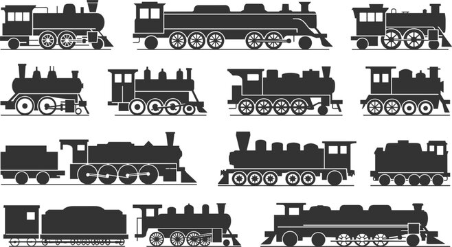 Collection of black silhouette vintage steam locomotives and trains on a white background, steam engine