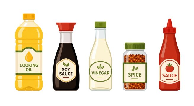 Illustrated flat design icons of five essential kitchen condiments including cooking oil, soy sauce, vinegar, spices, and ketchup sauce in vibrant yellow, dark brown, light beige, green, and red