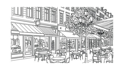 Naklejka premium Detailed pen and ink drawing of a bustling European style city street with outdoor cafe seating.
